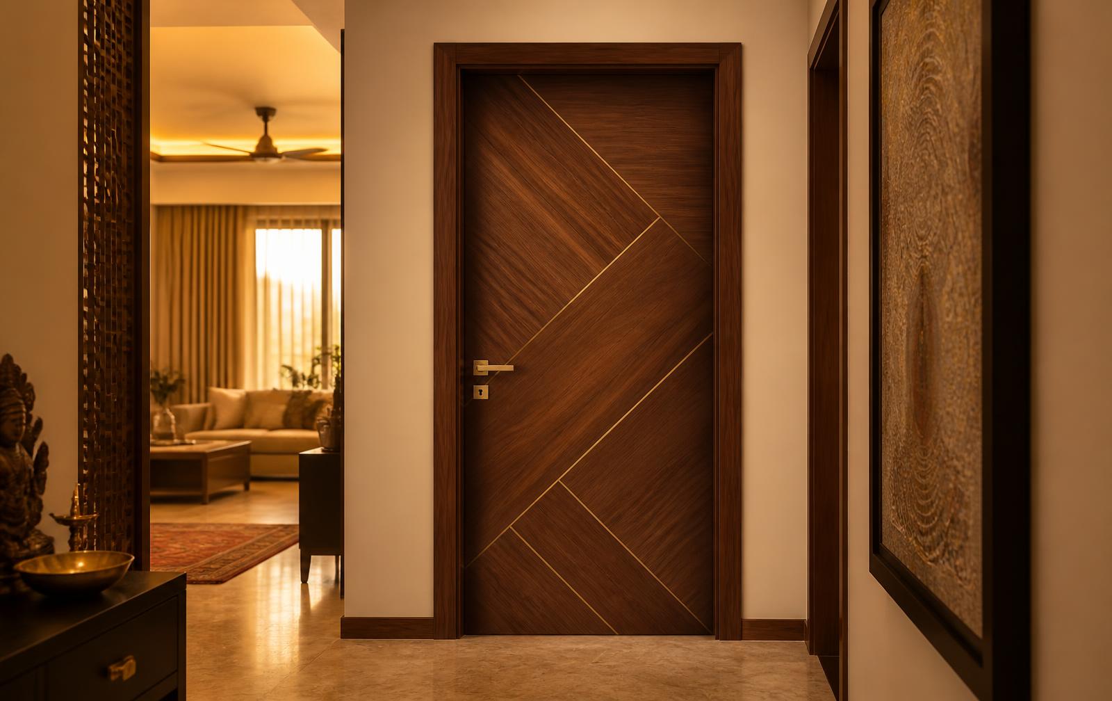 Designer walnut internal door with brass inlay in a warm home hallway