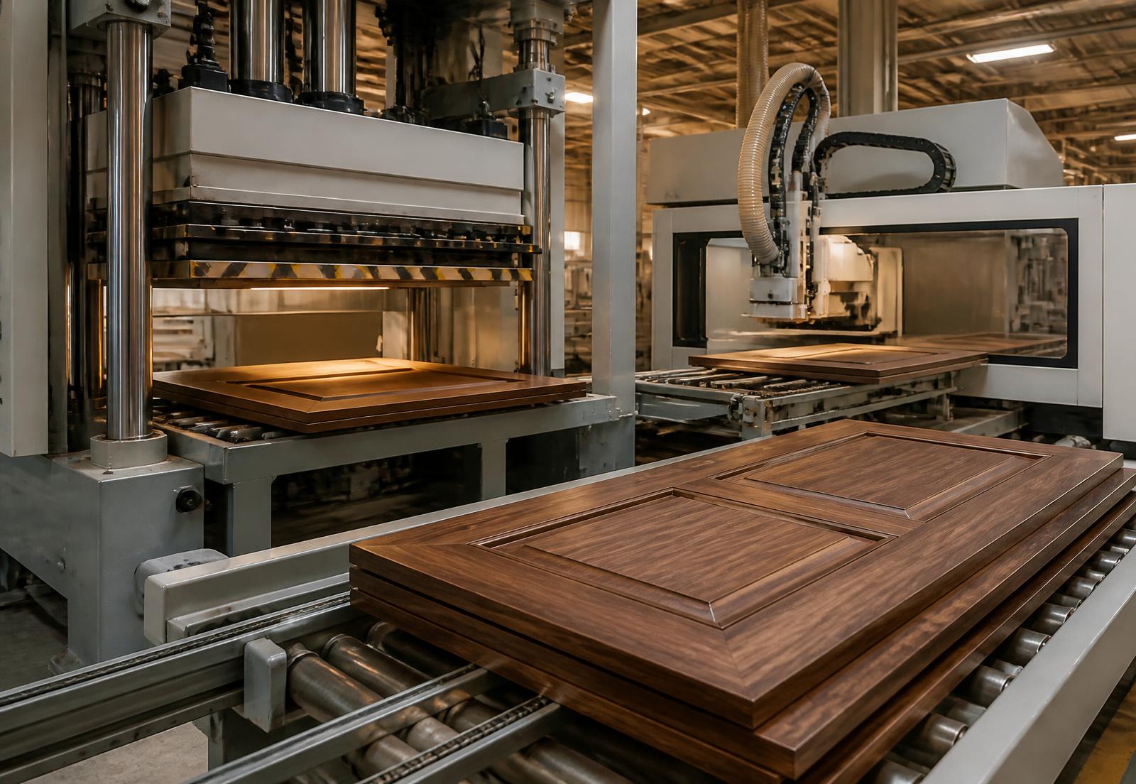 Automated hot press and CNC line pressing designer door skins at Kanvas-DG